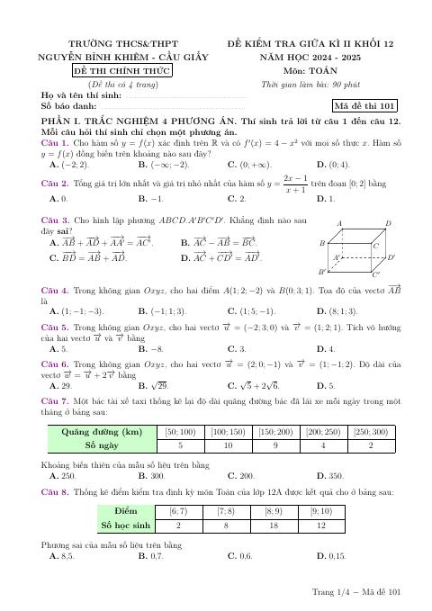 Đề thi Giữa kì 2 Toán 12 năm 2024–2025 trường THPT Nguyễn Bỉnh Khiêm (Hà Nội)